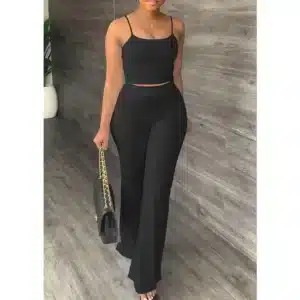 Pant Sets Women Summer Sexy Spaghetti Strap Crop Top & Loose Flare Pants Suits Casual Simple Solid Two Piece Set Outfits - Image 5