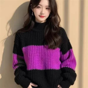 Cross Border Color Blocking Thick Thread Loose Sweater Women's New Winter Fashionable And Stylish Unique Knitted Lazy Base Top - Image 2