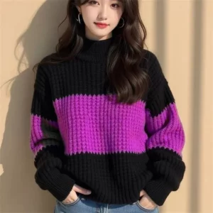 Cross Border Color Blocking Thick Thread Loose Sweater Women's New Winter Fashionable And Stylish Unique Knitted Lazy Base Top - Image 4