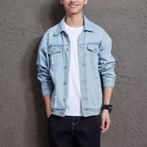 Trendy Korean Fashion Denim Coat for Men Light-colored Workwear-style Top Loose and Cool-looking Men's Fashion Jacket - Image 2