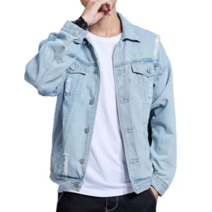 Trendy Korean Fashion Denim Coat for Men Light-colored Workwear-style Top Loose and Cool-looking Men's Fashion Jacket - Image 3