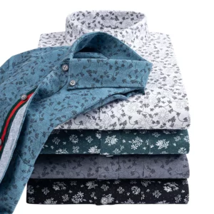 Men's Stylish Floral Print Button-Up Collar Dress Shirt with Stripe Placket, Holiday Style 100% Cotton Long Sleeve Oxford Shirts - Image 4