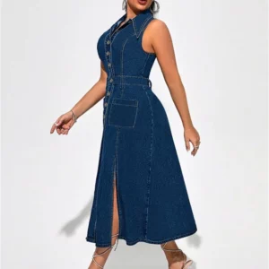 Wmstar Plus Size Denim Dresses Women Clothes Sleeveless Casual Button Pockets Slip Hem Maxi Dress New in Wholesale Dropshipping - Image 3
