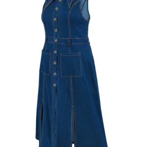 Wmstar Plus Size Denim Dresses Women Clothes Sleeveless Casual Button Pockets Slip Hem Maxi Dress New in Wholesale Dropshipping - Image 5