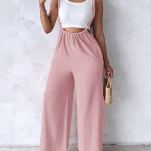Casual Pink Overalls for Women 2025 Summer Sleeveless Drawstring Wide Leg Suspender High Waist Pocket Design Jumpsuit Romper - Image 2