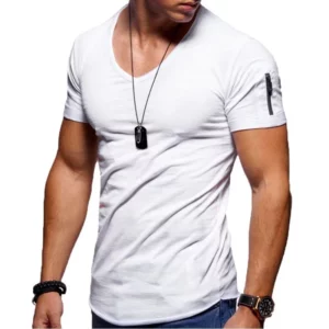 2025 Summer Men's V Neck T Shirt Fitness Bodybuilding Tshirt High Street Short Sleeved arm Zipper Casual Top Plus Size S-5XL - Image 2