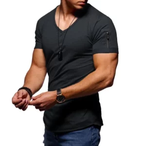 2025 Summer Men's V Neck T Shirt Fitness Bodybuilding Tshirt High Street Short Sleeved arm Zipper Casual Top Plus Size S-5XL - Image 9