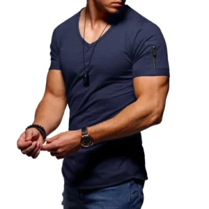 2025 Summer Men's V Neck T Shirt Fitness Bodybuilding Tshirt High Street Short Sleeved arm Zipper Casual Top Plus Size S-5XL - Image 8
