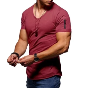 2025 Summer Men's V Neck T Shirt Fitness Bodybuilding Tshirt High Street Short Sleeved arm Zipper Casual Top Plus Size S-5XL - Image 7