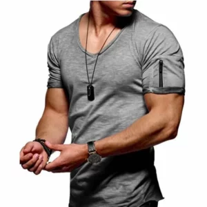 2025 Summer Men's V Neck T Shirt Fitness Bodybuilding Tshirt High Street Short Sleeved arm Zipper Casual Top Plus Size S-5XL - Image 6