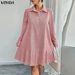 Plus Size 5XL VONDA Women Striped Mini Dresses Long Sleeve Fashion Print Oversized Vestidos 2026 Elegant Lapel Ruffle Party Robe - Image 1