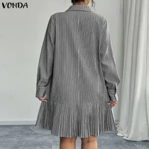 Plus Size 5XL VONDA Women Striped Mini Dresses Long Sleeve Fashion Print Oversized Vestidos 2026 Elegant Lapel Ruffle Party Robe - Image 3