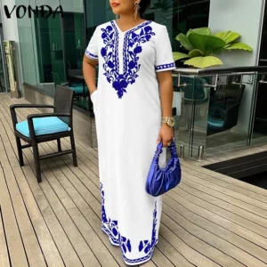 VONDA Plus Size 5XL Women Vintage Print Maxi Dresses Sexy V-Neck Short Sleeve Casual Party Sundress Fashion Oversized Long Robe - Image 9