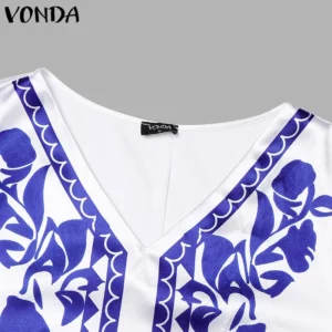 VONDA Plus Size 5XL Women Vintage Print Maxi Dresses Sexy V-Neck Short Sleeve Casual Party Sundress Fashion Oversized Long Robe - Image 8
