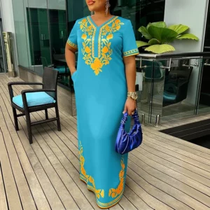 VONDA Plus Size 5XL Women Vintage Print Maxi Dresses Sexy V-Neck Short Sleeve Casual Party Sundress Fashion Oversized Long Robe - Image 5