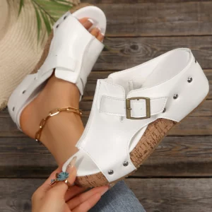High Heels Rivet Decoration Strap Slippers Women Chunky Platform Wedge Heels Sandals Metal Buckle Decoration Slides Women Shoes - Image 1