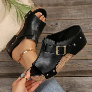 High Heels Rivet Decoration Strap Slippers Women Chunky Platform Wedge Heels Sandals Metal Buckle Decoration Slides Women Shoes - Image 5