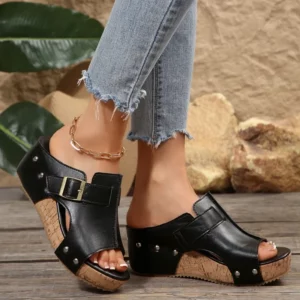 High Heels Rivet Decoration Strap Slippers Women Chunky Platform Wedge Heels Sandals Metal Buckle Decoration Slides Women Shoes - Image 6