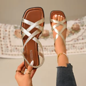 Block Heel Sandals Women's Fashion Square Toe Open Toe Cross Slim Strap Soft Slip Shoes for Women - Image 2