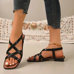 Block Heel Sandals Women's Fashion Square Toe Open Toe Cross Slim Strap Soft Slip Shoes for Women - Image 4