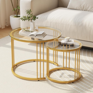Garden 4 you Nesting Coffee Table, 23.6" Round Coffee Table Set of 2, Glass Nesting Table with Metal Frame, Ceter Tables for Living Room Bedroom Balcony, Gold - Image 1