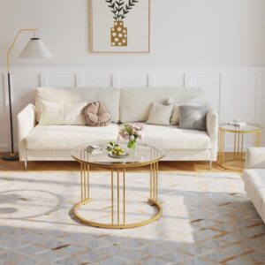 Garden 4 you Nesting Coffee Table, 23.6" Round Coffee Table Set of 2, Glass Nesting Table with Metal Frame, Ceter Tables for Living Room Bedroom Balcony, Gold - Image 2