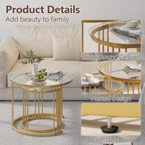 Garden 4 you Nesting Coffee Table, 23.6" Round Coffee Table Set of 2, Glass Nesting Table with Metal Frame, Ceter Tables for Living Room Bedroom Balcony, Gold - Image 4