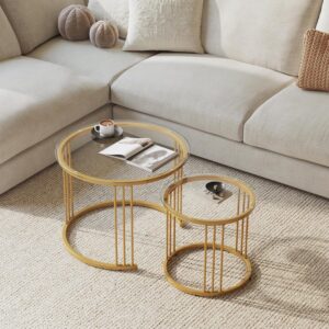 Garden 4 you Nesting Coffee Table, 23.6" Round Coffee Table Set of 2, Glass Nesting Table with Metal Frame, Ceter Tables for Living Room Bedroom Balcony, Gold - Image 6