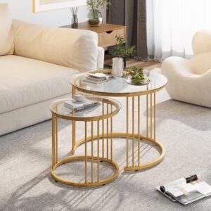 Garden 4 you Nesting Coffee Table, 23.6" Round Coffee Table Set of 2, Glass Nesting Table with Metal Frame, Ceter Tables for Living Room Bedroom Balcony, Gold - Image 7