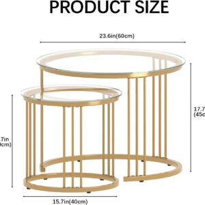 Garden 4 you Nesting Coffee Table, 23.6" Round Coffee Table Set of 2, Glass Nesting Table with Metal Frame, Ceter Tables for Living Room Bedroom Balcony, Gold - Image 8