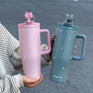 1pc 1200ml large-capacity double-drink stainless steel vacuum insulated cup with handle, pearl car cup, outdoor camping - Image 2