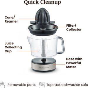 Elite Gourmet ETS623 BPA-Free 40-Watt Electric Citrus Juicer, Compact, Large Volume, Pulp Control, Oranges, Lemons, Limes, Grapefruits with Easy Pour Spout, 24oz, Black/Stainless Steel - Image 4
