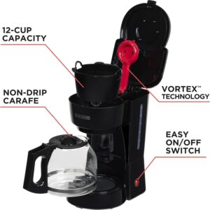 BLACK+DECKER 12-Cup Coffee Maker with Easy On/Off Switch, Easy Pour, Non-Drip Carafe with Removable Filter Basket, Vortex Technology, Black - Image 7
