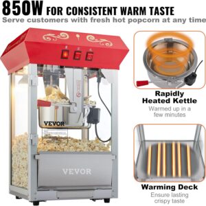 VEVOR Commercial Popcorn Machine, 8 Oz Kettle, 850 W Countertop Popcorn Maker for 48 Cups per Batch, Theater Style Popper with 3-Switch Control Steel Frame Tempered Glass Doors 2 Scoops 2 Spoons, Red - Image 5