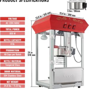 VEVOR Commercial Popcorn Machine, 8 Oz Kettle, 850 W Countertop Popcorn Maker for 48 Cups per Batch, Theater Style Popper with 3-Switch Control Steel Frame Tempered Glass Doors 2 Scoops 2 Spoons, Red - Image 8