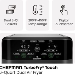 Chefman 6 Quart Dual Basket Air Fryer - Digital Touchscreen, Smart Sync Finish, Hi-Fry, Auto Shutoff, 2 Independent 3QT Nonstick Dishwasher-Safe Frying Baskets - Digital Double Air Fryer - Black - Image 6