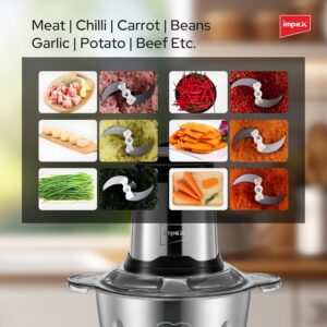 Impex Electric Food Chopper 3Ltr Food Processor Blender,3 Speed Adjustable Meat Grinder, Stainless Steel Body And 6Pcs Stainless Steel Blade, Multi Food Chopper For Meat, Vegetables, Fruits And Nuts 3 L 400 W FC 3206 Silver - Image 3