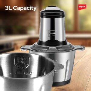 Impex Electric Food Chopper 3Ltr Food Processor Blender,3 Speed Adjustable Meat Grinder, Stainless Steel Body And 6Pcs Stainless Steel Blade, Multi Food Chopper For Meat, Vegetables, Fruits And Nuts 3 L 400 W FC 3206 Silver - Image 4