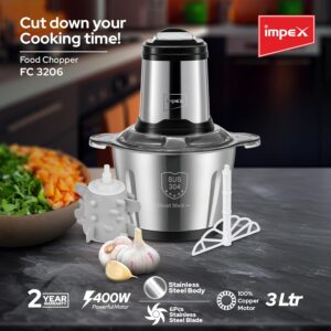Impex Electric Food Chopper 3Ltr Food Processor Blender,3 Speed Adjustable Meat Grinder, Stainless Steel Body And 6Pcs Stainless Steel Blade, Multi Food Chopper For Meat, Vegetables, Fruits And Nuts 3 L 400 W FC 3206 Silver - Image 8