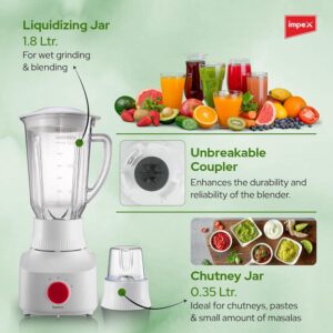 Impex 2 in 1 Powerful Blender 650W with Mixer Grinder, 1.8L Blender Jar,50g Grinding Jar, Juice Maker, 2 Speed Settings with Pulse Control, Motor Overheat Protection, 220-240V, Durable Design 1.8 L 650 W BL 3509 White - Image 4