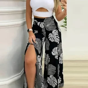 Summer Fashion Two Piece Outfits Woman New Women's Elegant Casual Hollow O Neck Short Vest Printed Trousers Set Women Clothes - Image 4