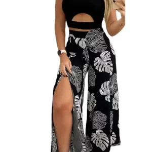 Summer Fashion Two Piece Outfits Woman New Women's Elegant Casual Hollow O Neck Short Vest Printed Trousers Set Women Clothes - Image 6