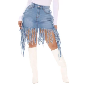 2026 New Fashion Vintage Women's Sexy Washed Denim Fringed High Waist Tassel Denim Skirts - Image 3