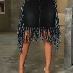 2026 New Fashion Vintage Women's Sexy Washed Denim Fringed High Waist Tassel Denim Skirts - Image 4
