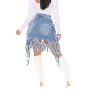 2026 New Fashion Vintage Women's Sexy Washed Denim Fringed High Waist Tassel Denim Skirts - Image 5