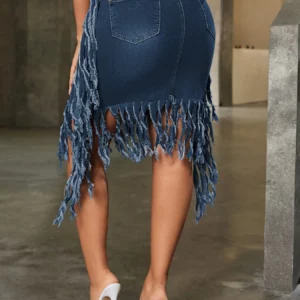2026 New Fashion Vintage Women's Sexy Washed Denim Fringed High Waist Tassel Denim Skirts - Image 7