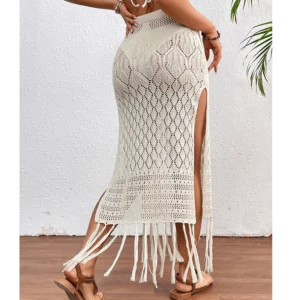 Women Knitted Texture Sarong Skirts Sexy High Slit Tassel Cover-Up Beach Summer Vacation Wrapped Skirt Bikini Cover Up - Image 7