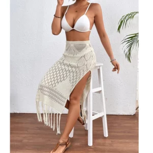 Women Knitted Texture Sarong Skirts Sexy High Slit Tassel Cover-Up Beach Summer Vacation Wrapped Skirt Bikini Cover Up - Image 6
