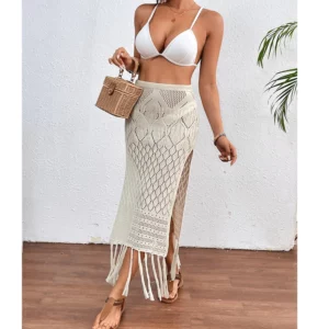 Women Knitted Texture Sarong Skirts Sexy High Slit Tassel Cover-Up Beach Summer Vacation Wrapped Skirt Bikini Cover Up - Image 5