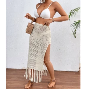 Women Knitted Texture Sarong Skirts Sexy High Slit Tassel Cover-Up Beach Summer Vacation Wrapped Skirt Bikini Cover Up - Image 4